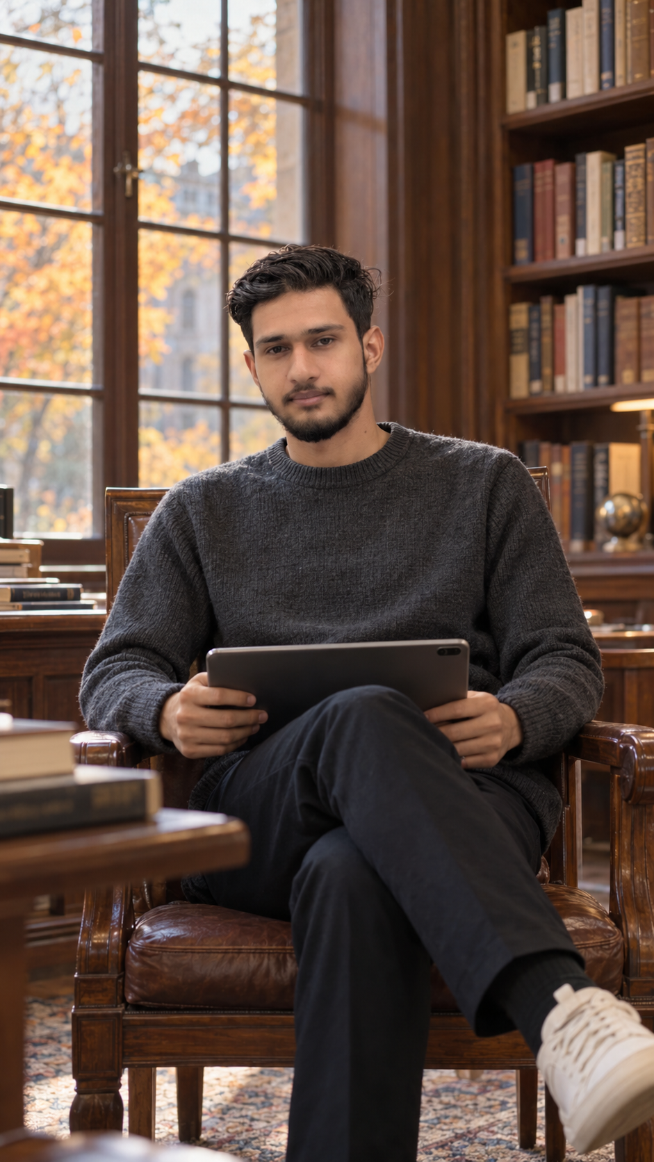 Azeem seated with a tablet beside a library window