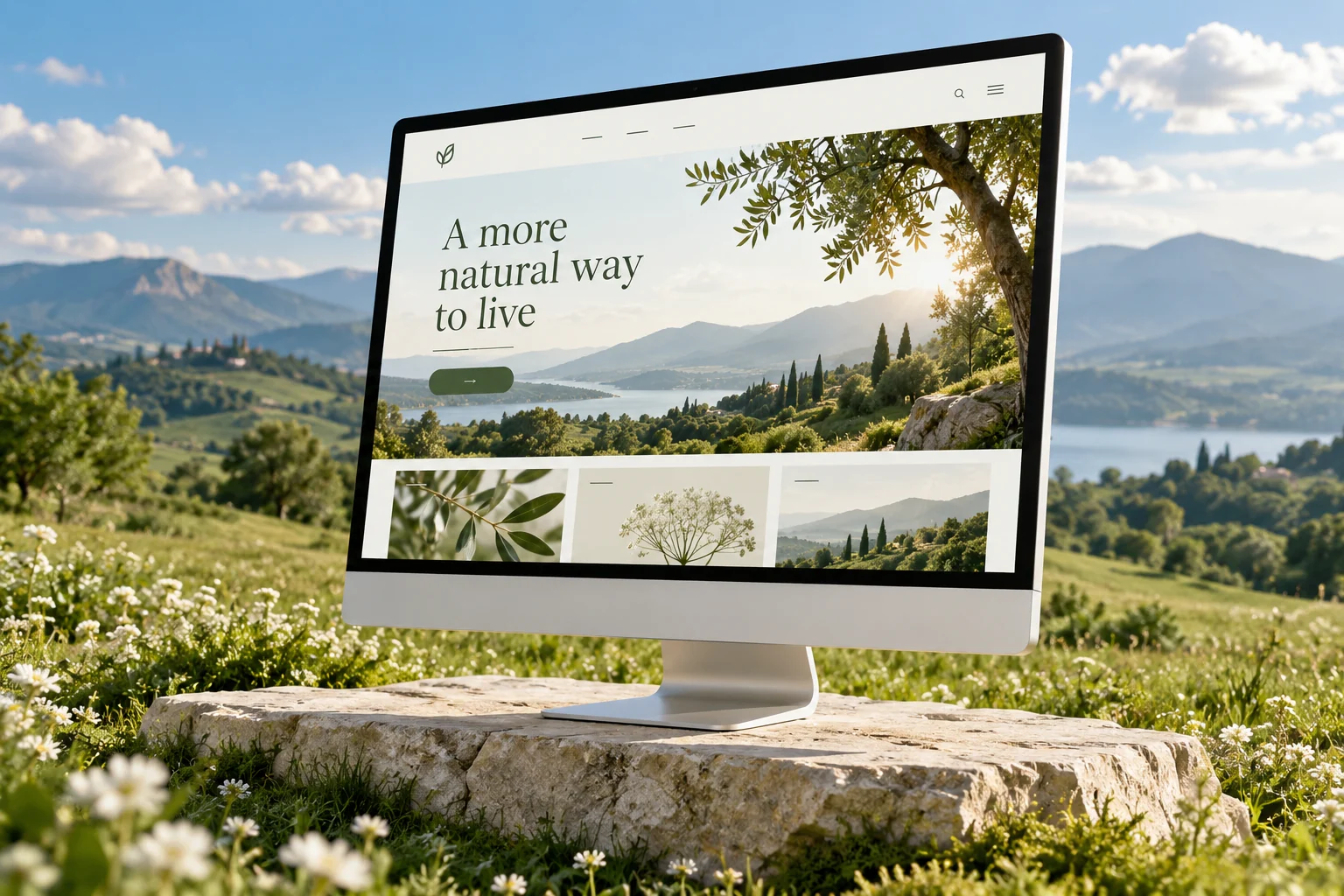 Elegant website displayed on a silver monitor in a sunlit meadow